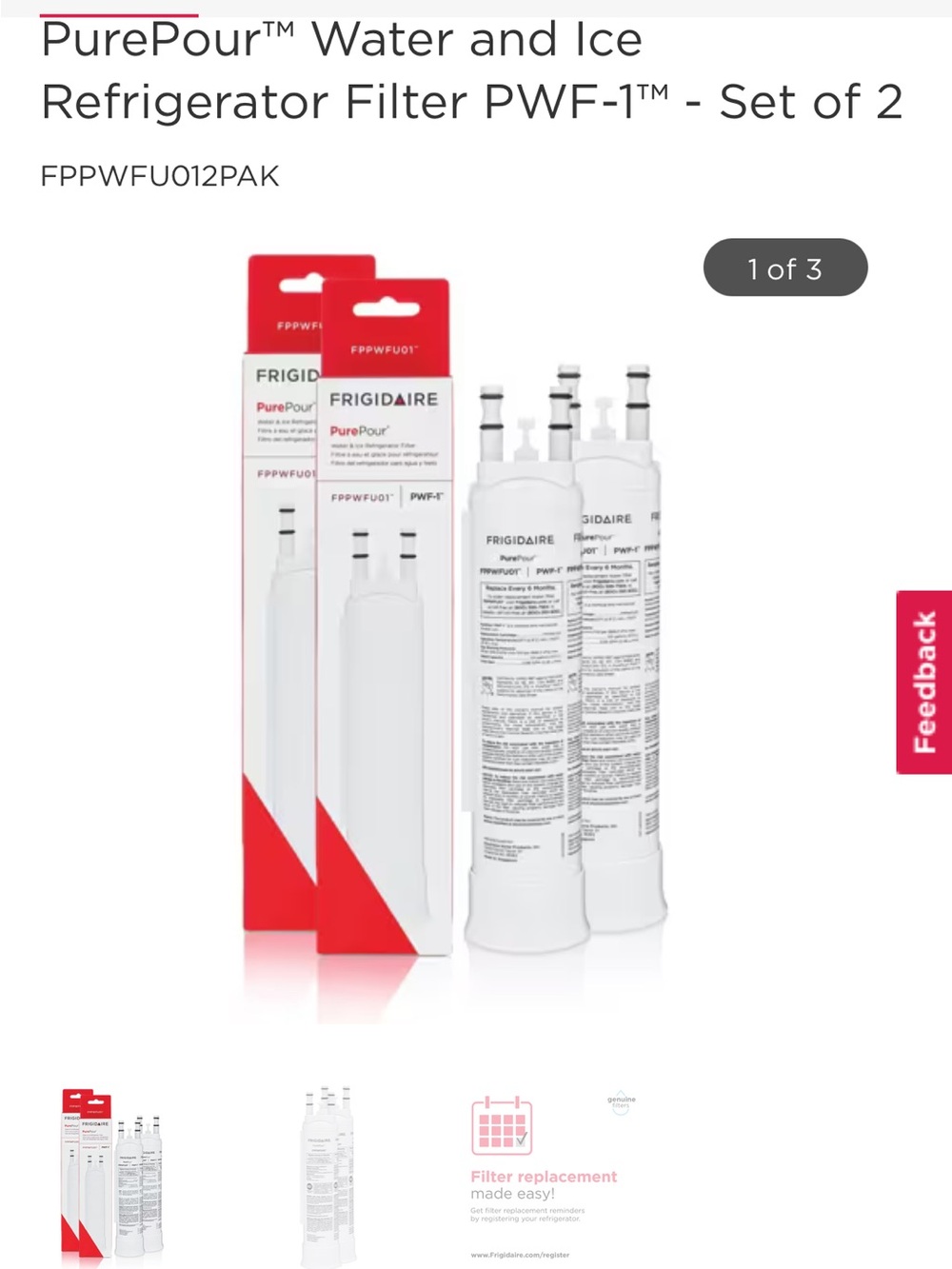 Frigidaire PurePour PWF-1 White Refrigerator Water & Ice Filter - 2 Pack